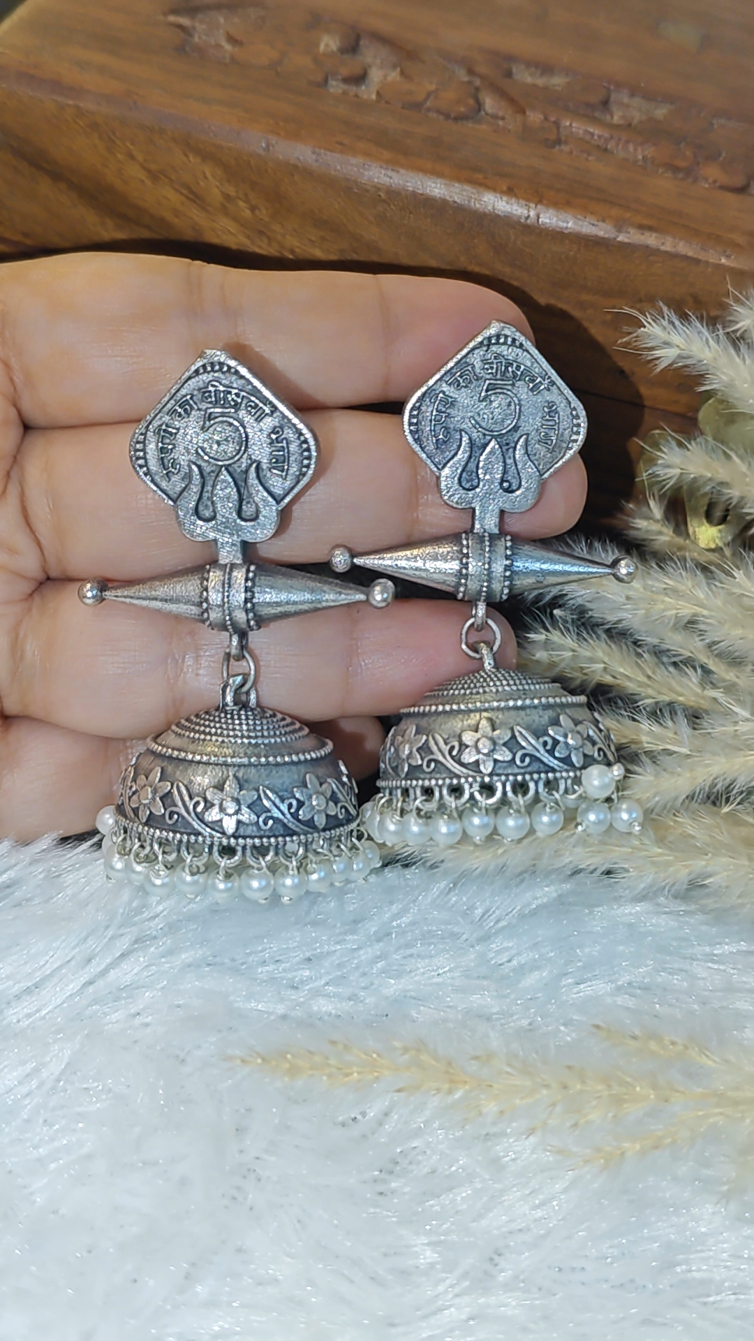 ANTIQUE SILVER TRISHUL COIN DESIGN JHUMKAS - Image 2