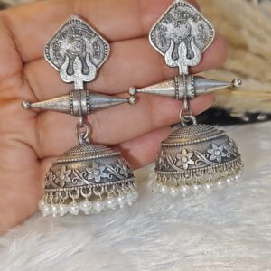 ANTIQUE SILVER TRISHUL COIN DESIGN JHUMKAS