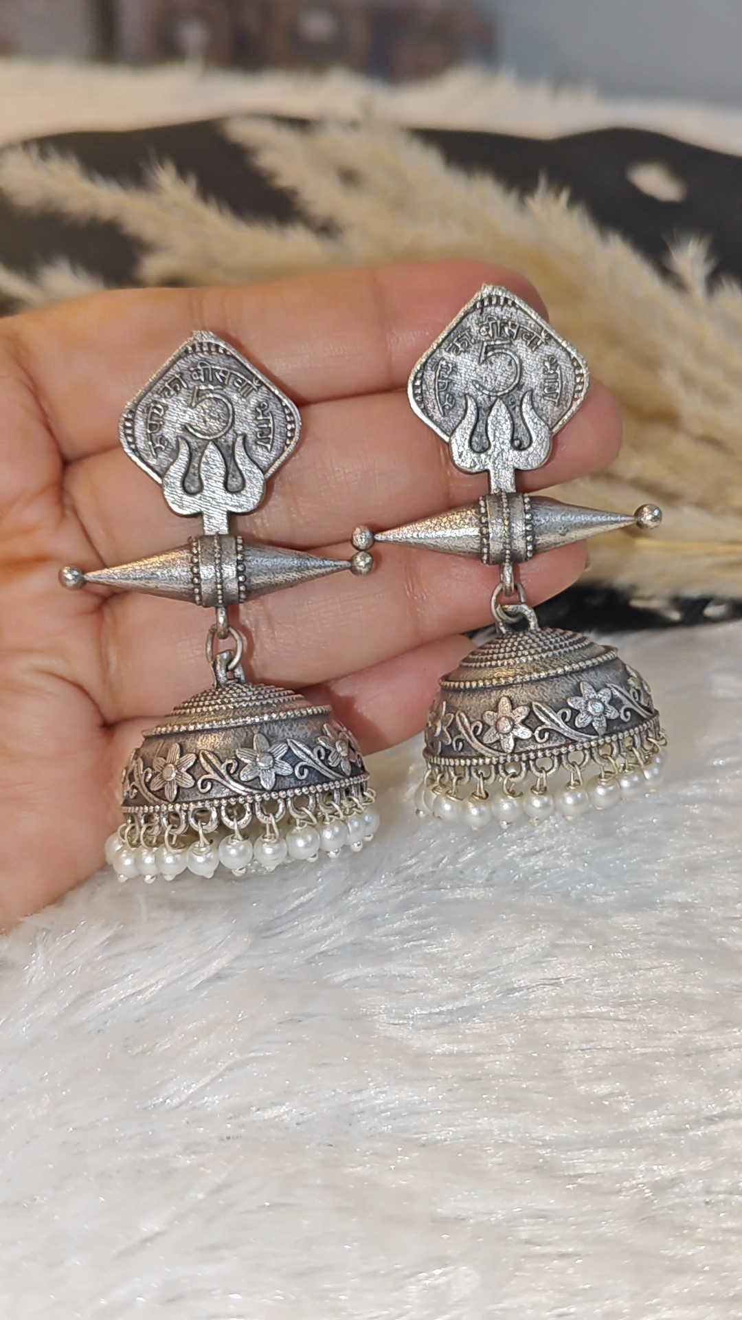 ANTIQUE SILVER TRISHUL COIN DESIGN JHUMKAS