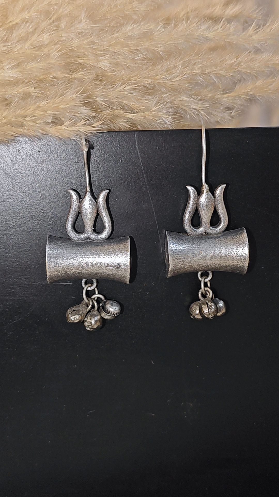 ANTIQUE SLA TRISHUL DAMRU EARRINGS WITH GHUNGROO CHARM