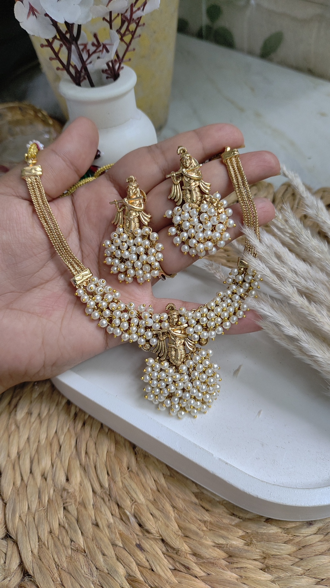 KRISHNA PEARL NECKLACE WITH JHUMKAS - Image 4