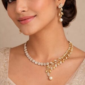 SHRISHTI GOLD LEAF MOTIF NECKLACE SET WITH PEARL DROPS