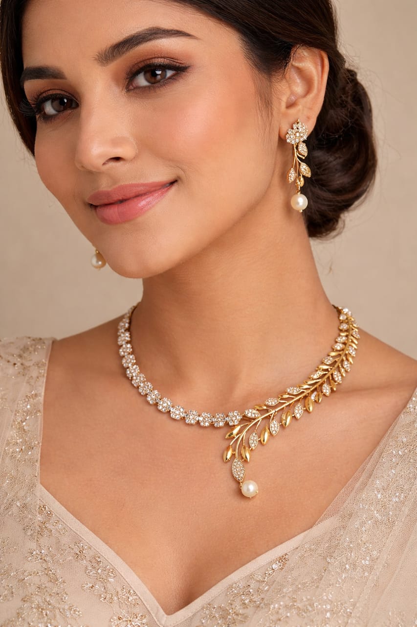 SHRISHTI GOLD LEAF MOTIF NECKLACE SET WITH PEARL DROPS