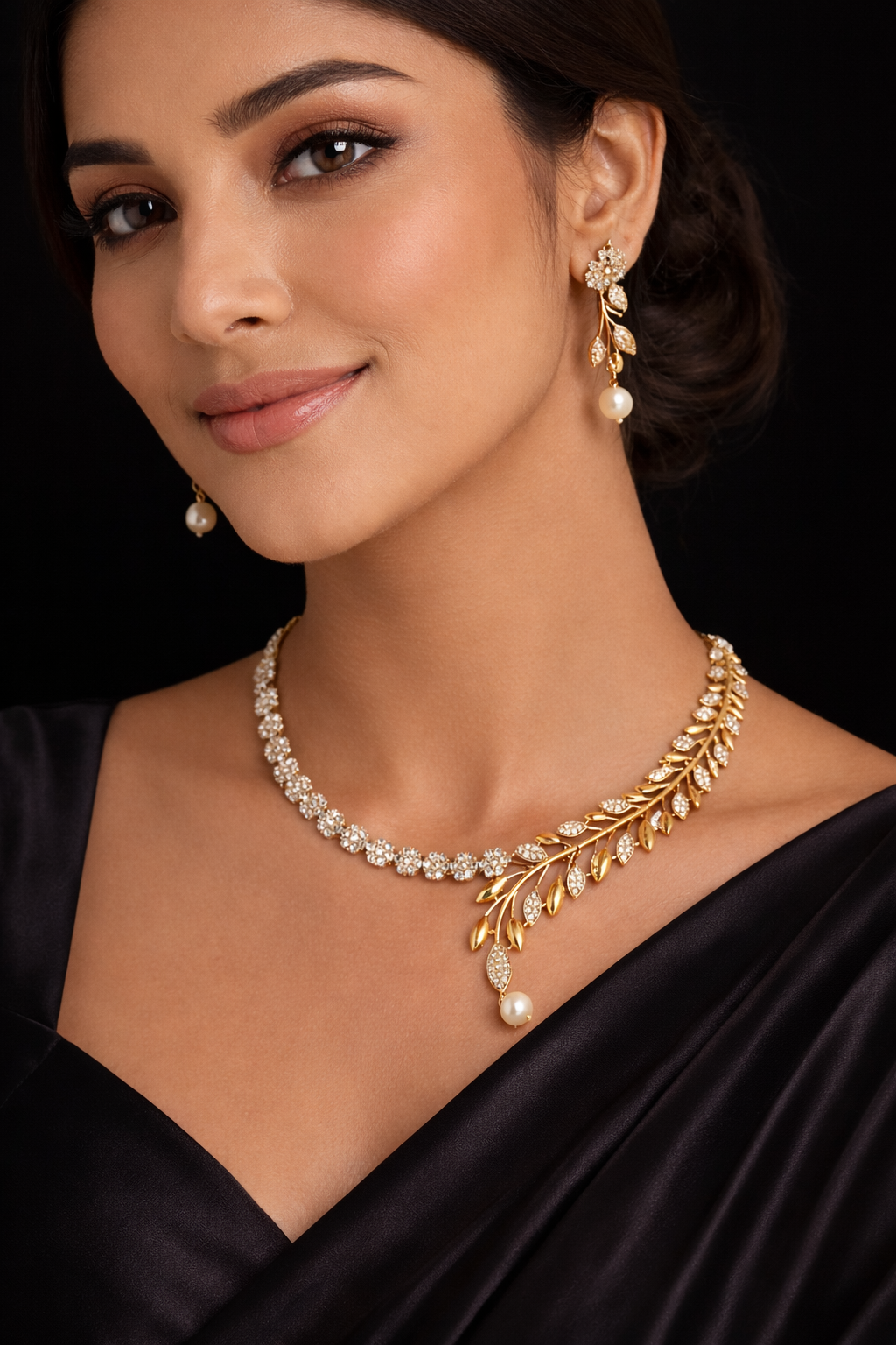 SHRISHTI GOLD LEAF MOTIF NECKLACE SET WITH PEARL DROPS - Image 3