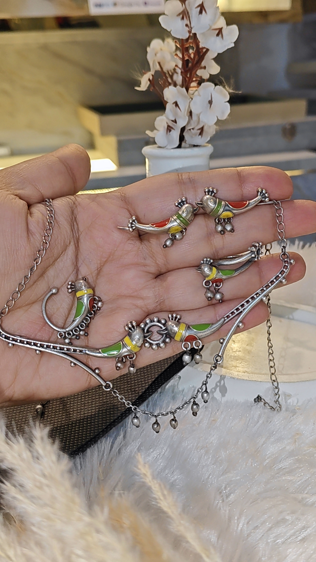 SILVER REPLICA BIRD MOTIF JEWELLERY SET – NECKLACE, EARRINGS & NOSE PINS - Image 2