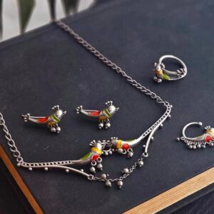 SILVER REPLICA BIRD MOTIF JEWELLERY SET – NECKLACE, EARRINGS & NOSE PINS