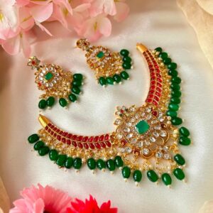 KUNDAN NECKLACE SET WITH GREEN & RED BEADS