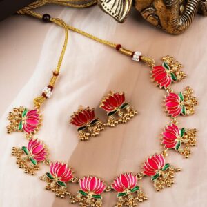 PINK LOTUS FLORAL NECKLACE SET WITH EARRINGS