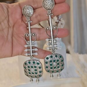 ANTIQUE SILVER LONG DANGLER EARRINGS WITH GREEN STONE WORK