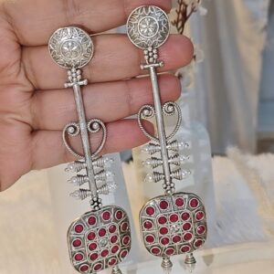 ANTIQUE SILVER LONG DANGLER EARRINGS WITH RED STONE WORK