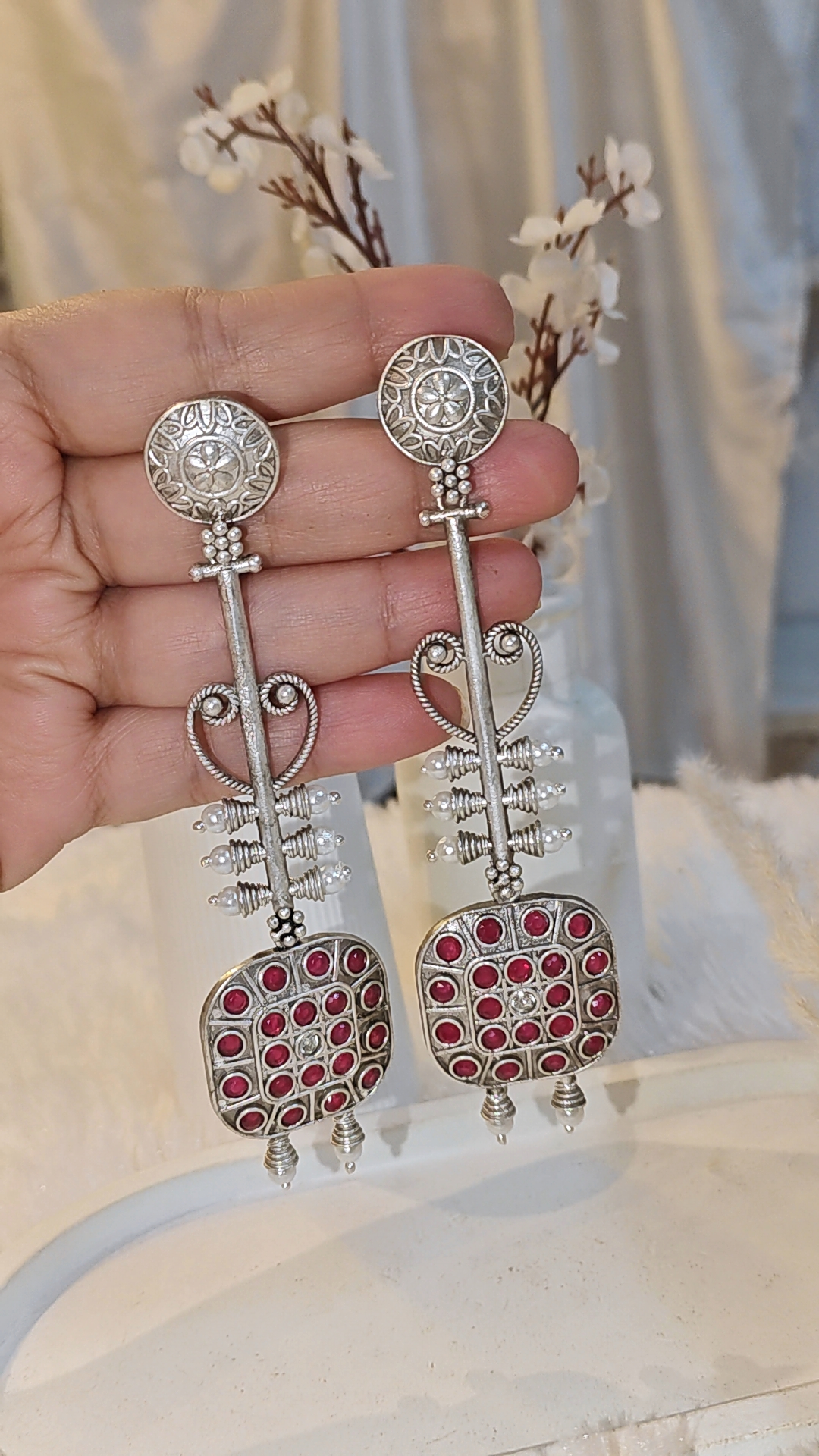 ANTIQUE SILVER LONG DANGLER EARRINGS WITH RED STONE WORK