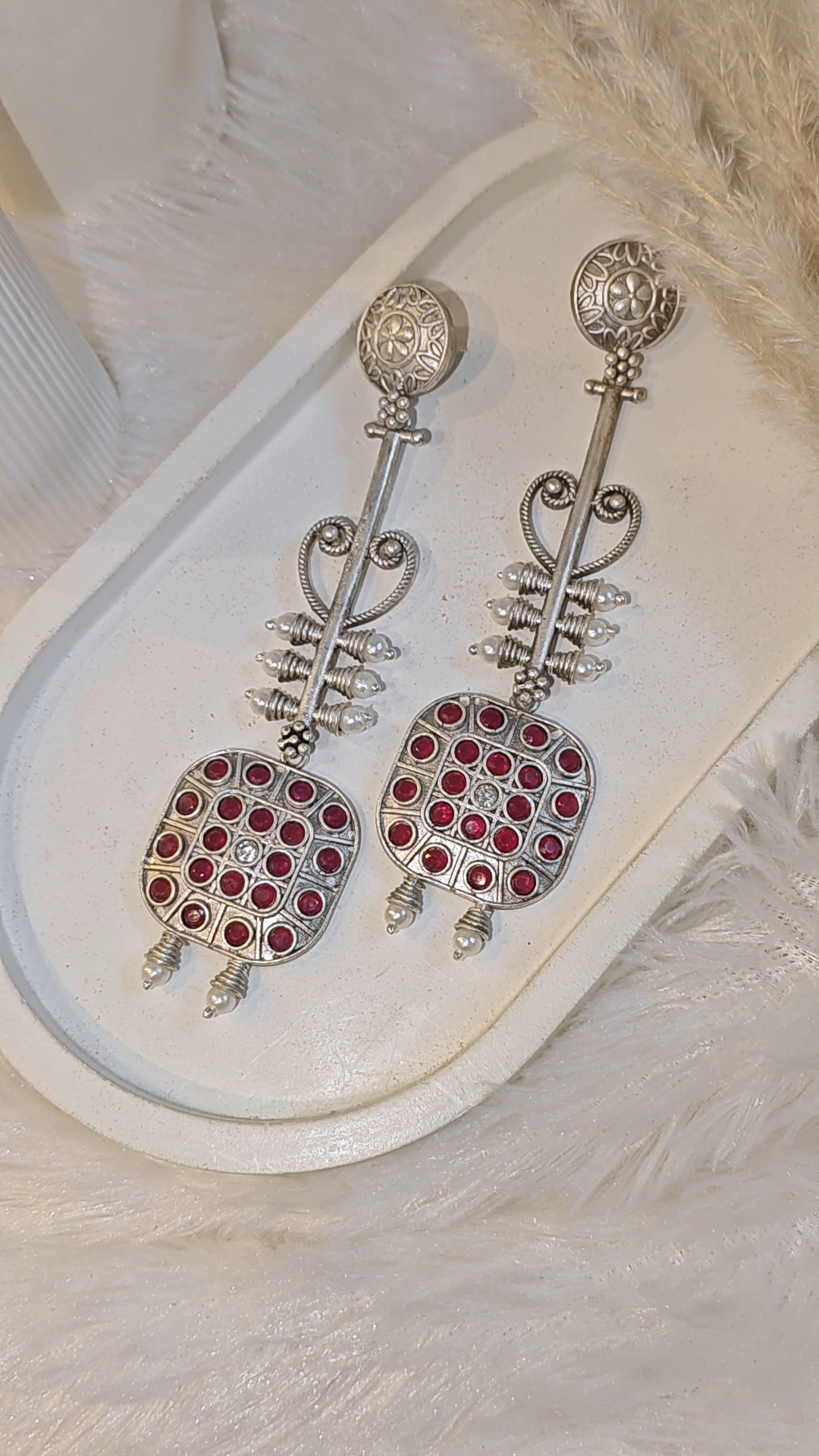 ANTIQUE SILVER LONG DANGLER EARRINGS WITH RED STONE WORK - Image 2