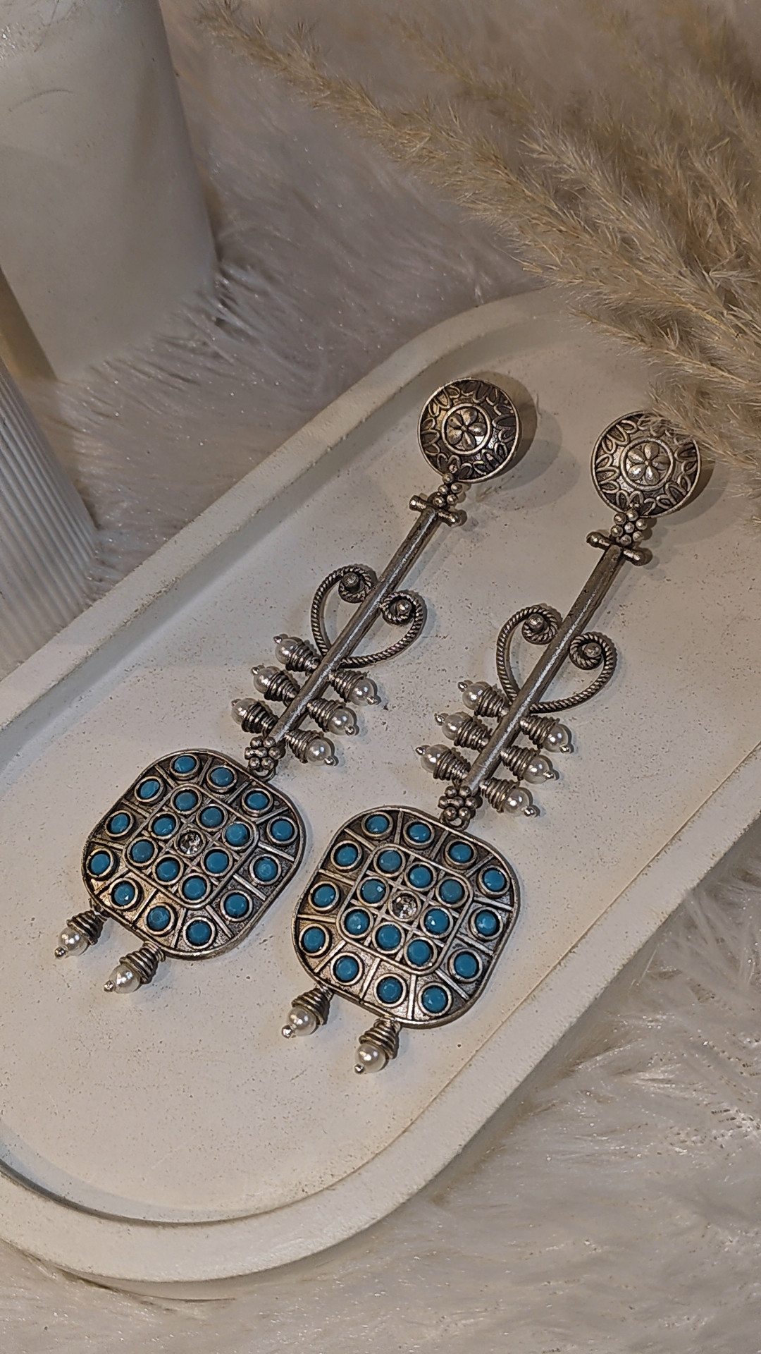 ANTIQUE SILVER LONG DANGLER EARRINGS WITH TURQUOISE STONE - Image 3