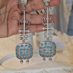 ANTIQUE SILVER LONG DANGLER EARRINGS WITH TURQUOISE STONE