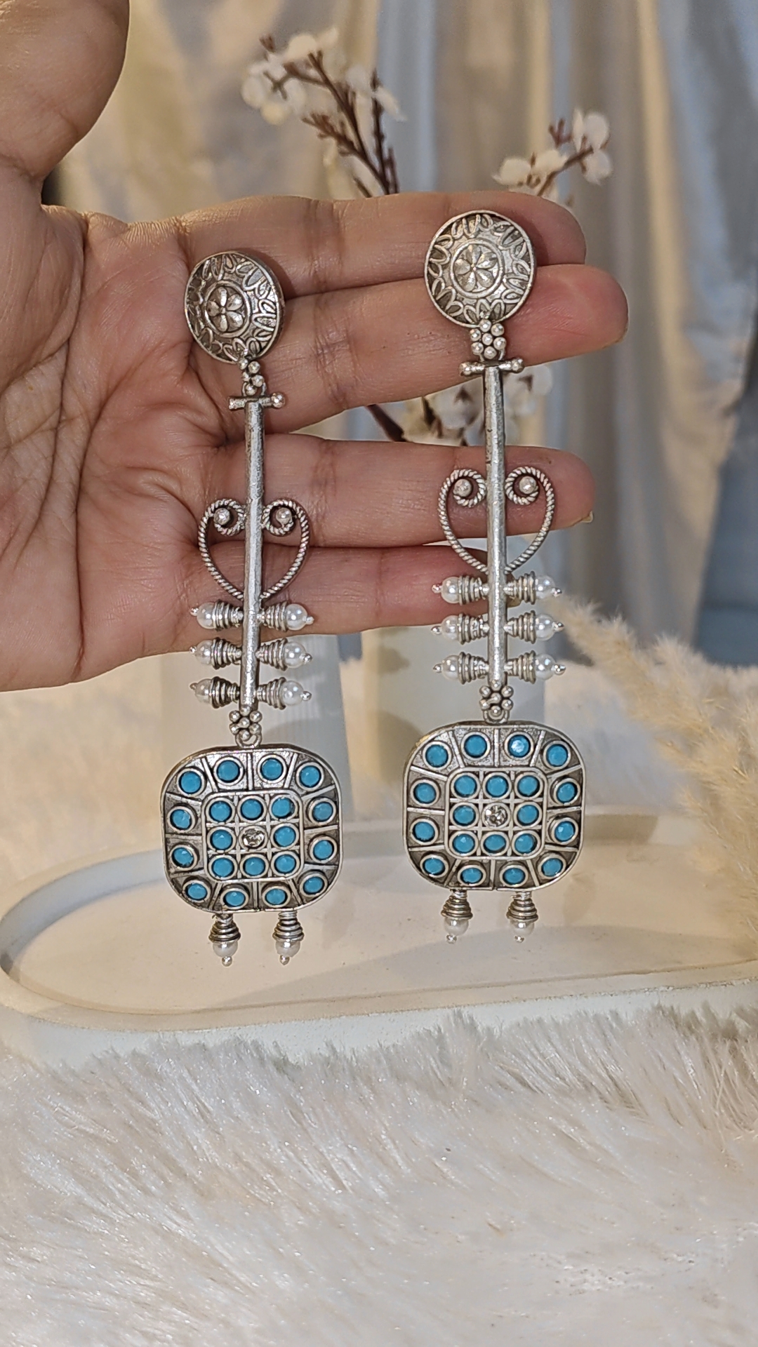 ANTIQUE SILVER LONG DANGLER EARRINGS WITH TURQUOISE STONE