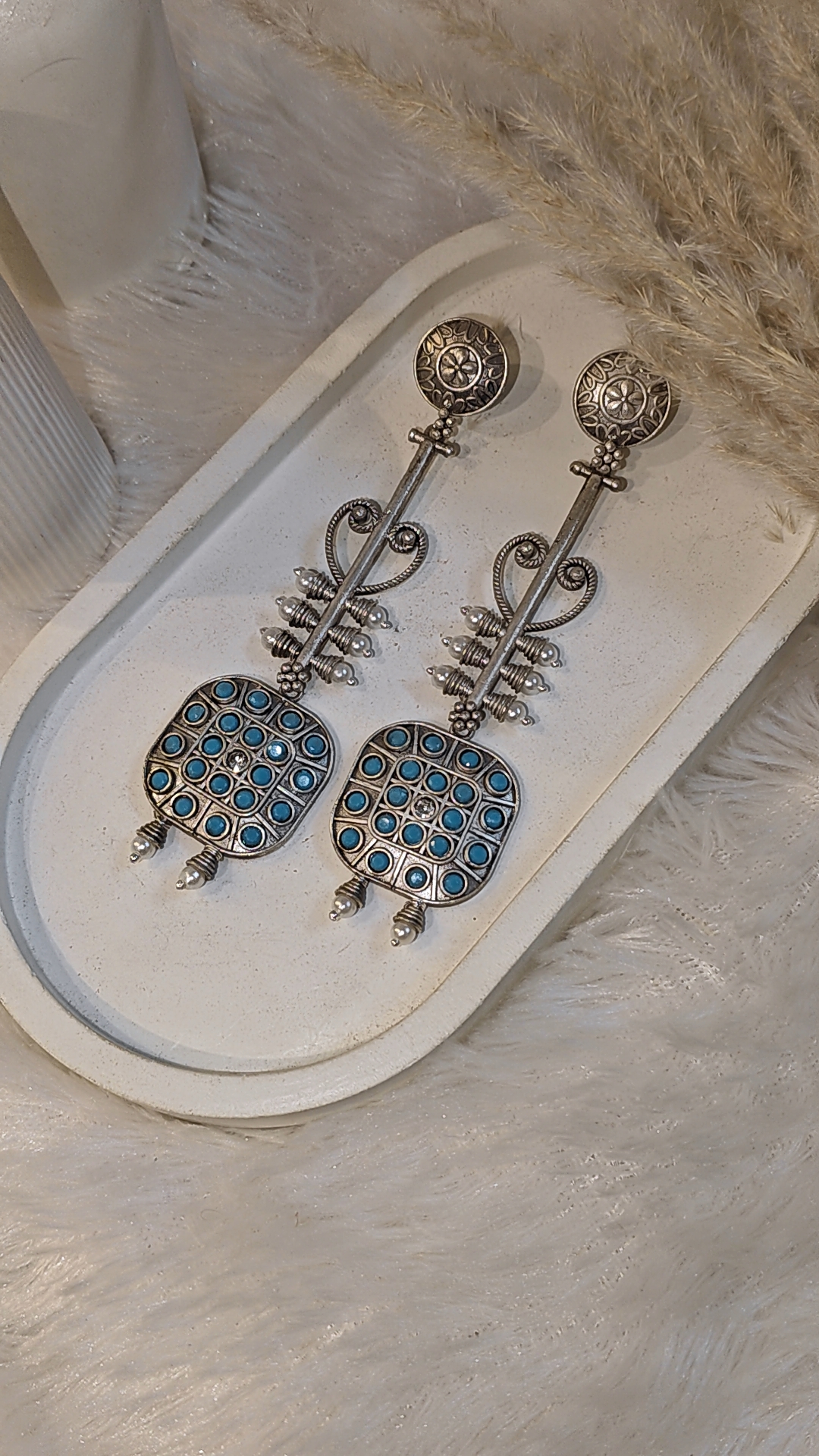 ANTIQUE SILVER LONG DANGLER EARRINGS WITH TURQUOISE STONE - Image 2