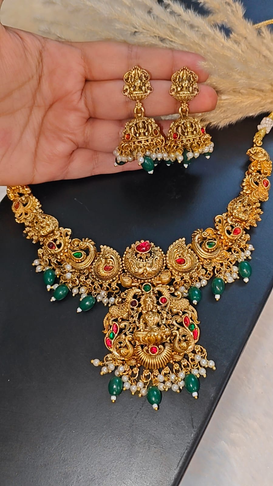 ANTIQUE TEMPLE NECKLACE SET WITH GODDESS LAKSHMI MOTIF 2.0 - Image 3
