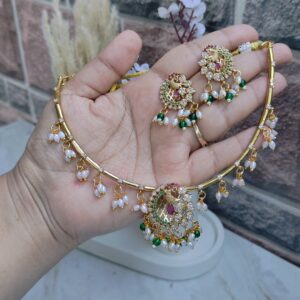 GOLDEN STAINLESS STEEL PREMIUM & ELEGANT ( AD DIAMONDS ) NECKLACE SET FOR WOMEN