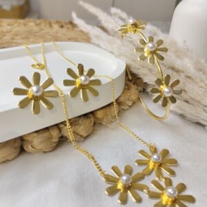 GOLDEN BRASS ( STLYISH FLORA PATTERN ) NECKLACE SET WITH BRACELET AND STUDS - COMBO