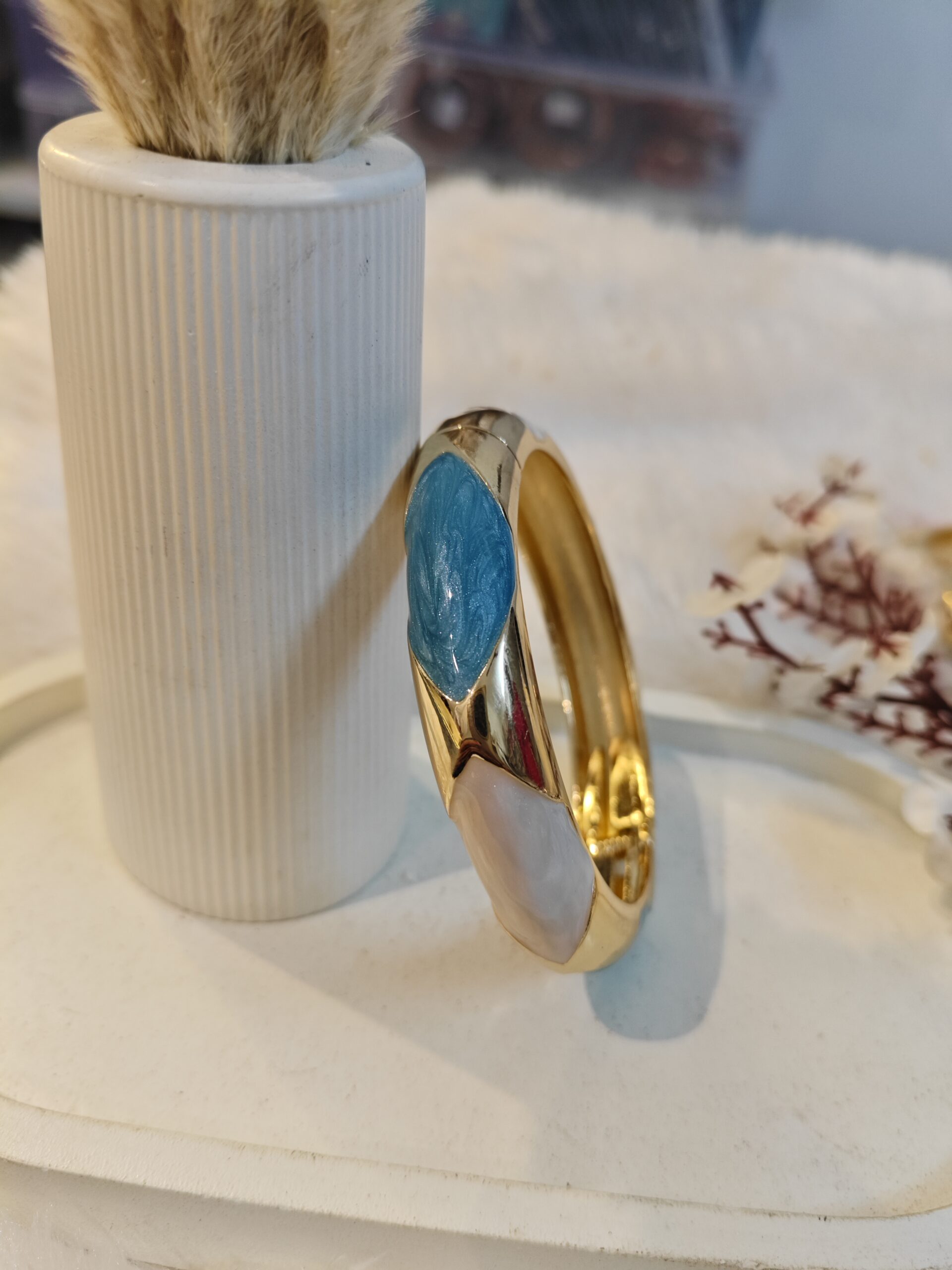 GOLD-PLATED ENAMEL KADA – SKY BLUE & PEARL - Image 2