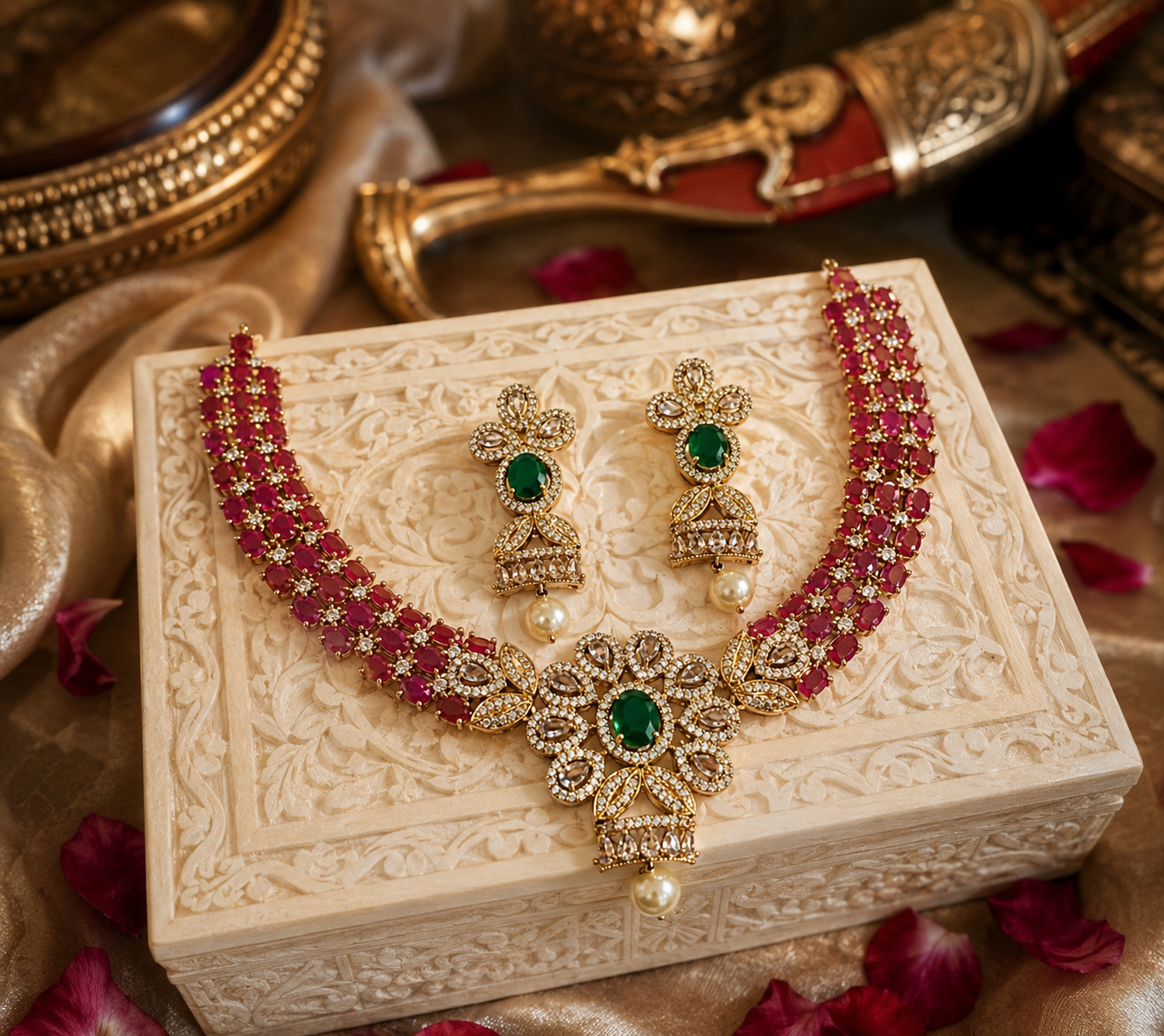 ADVIKA - RUBY KEMP STONE CHOKER NECKLACE SET