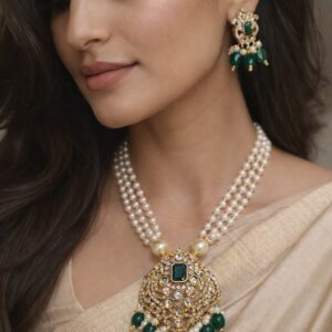 AAROHI NECKLACE - BEAUTIFUL PEARL MALA WITH AD STONE PENDANT IN GREEN