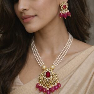 AAROHI NECKLACE - BEAUTIFUL PEARL MALA WITH AD STONE PENDANT IN RUBY PINK