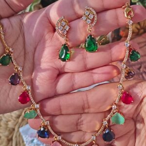 MENKA MULTICOLOUR TEARDROP CRYSTAL NECKLACE SET – GOLD FINISH