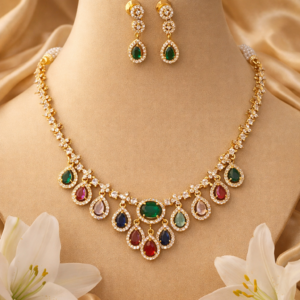 MADHURI ELEGANT MULTICOLOUR TEARDROP NECKLACE SET 2.0 – GOLD FINISH